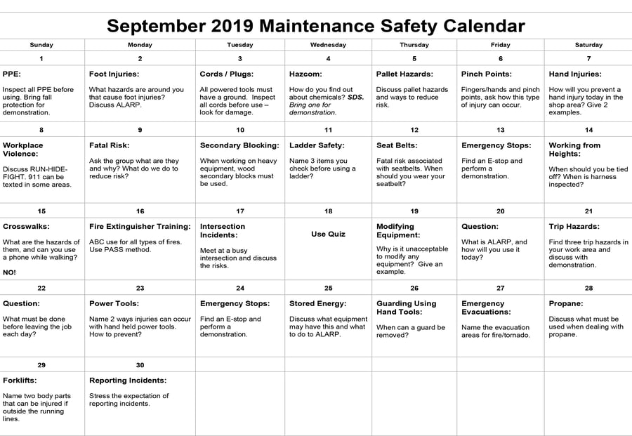 September 2019 Maintenance Safety Calendar